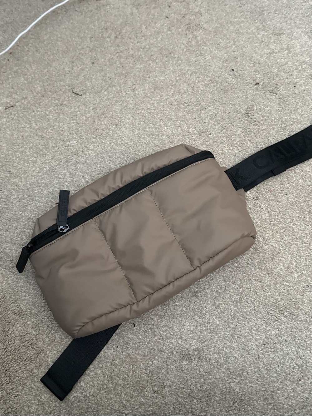 Calpak Quilted Taupe Belt Bag with Black Strap